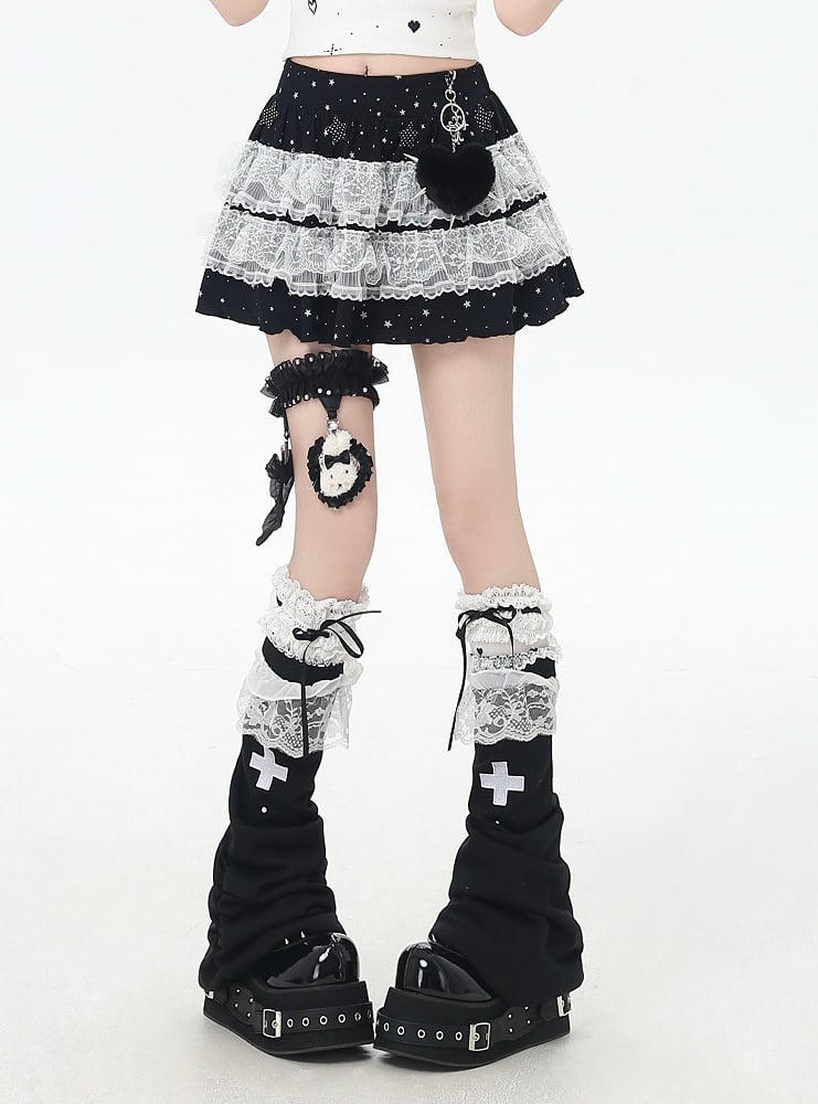 Skirt Gray/Black Elastic Waist Star Appliques Lace Trim Tiered Knit Light