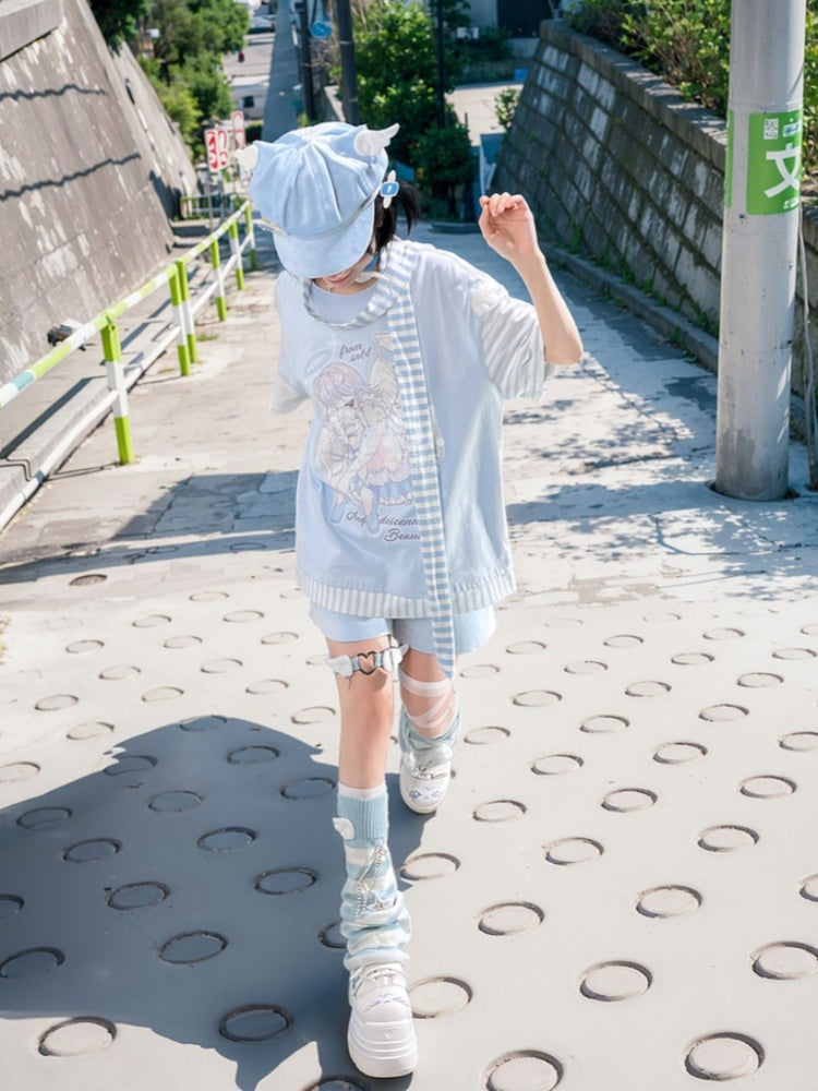 Blue Anime Girl Print Wing Appliques T-Shirt with Striped Scarf