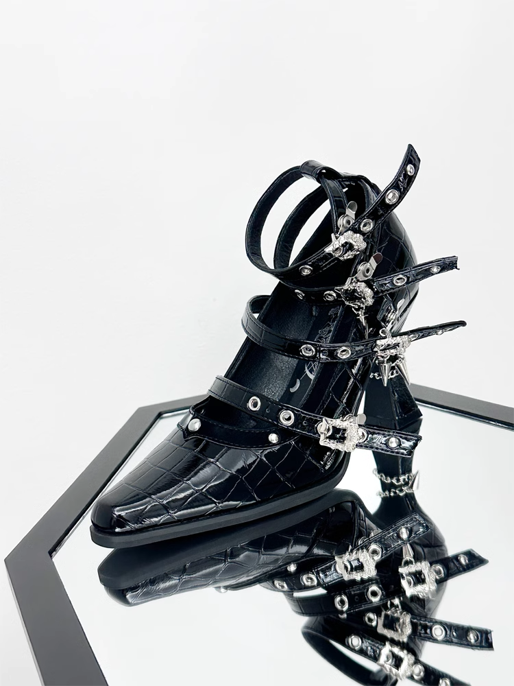in Buckle Leather Faux Polished 8.5cm Gothic Heel High Crocodile Multiple Heels Straps with Black