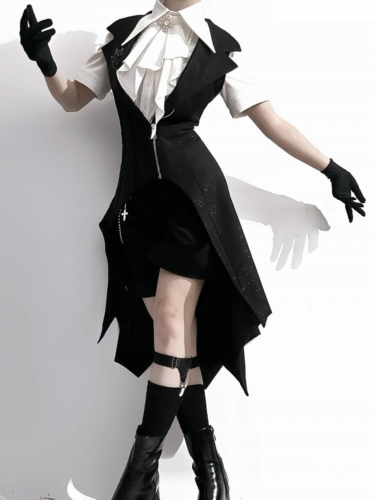 Fashion Ouji Collar Jabot Pointed Shirt Short Lolita Sleeves Foldover White