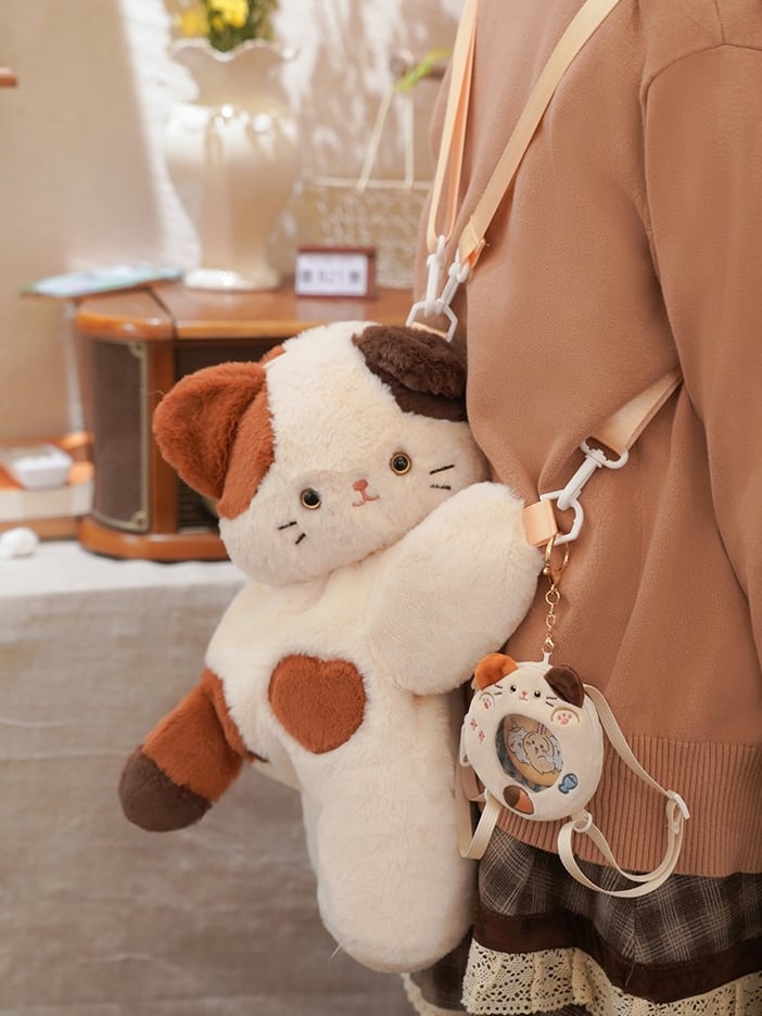 Small/Middle/Large Backpack/Crossbody Options Bag Cute 3 Keychian Heart Size White Kitty + Plush