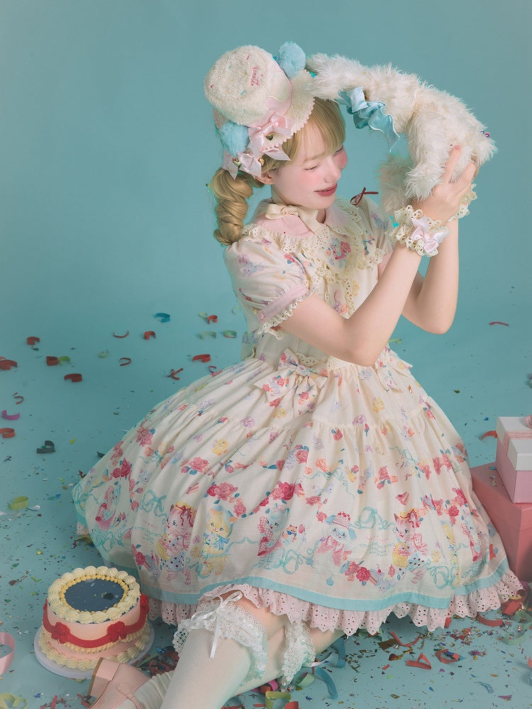 Lolita Scalloped Eyelet Kitty Short Dress with Sleeves Print Creamy Sweet Trims