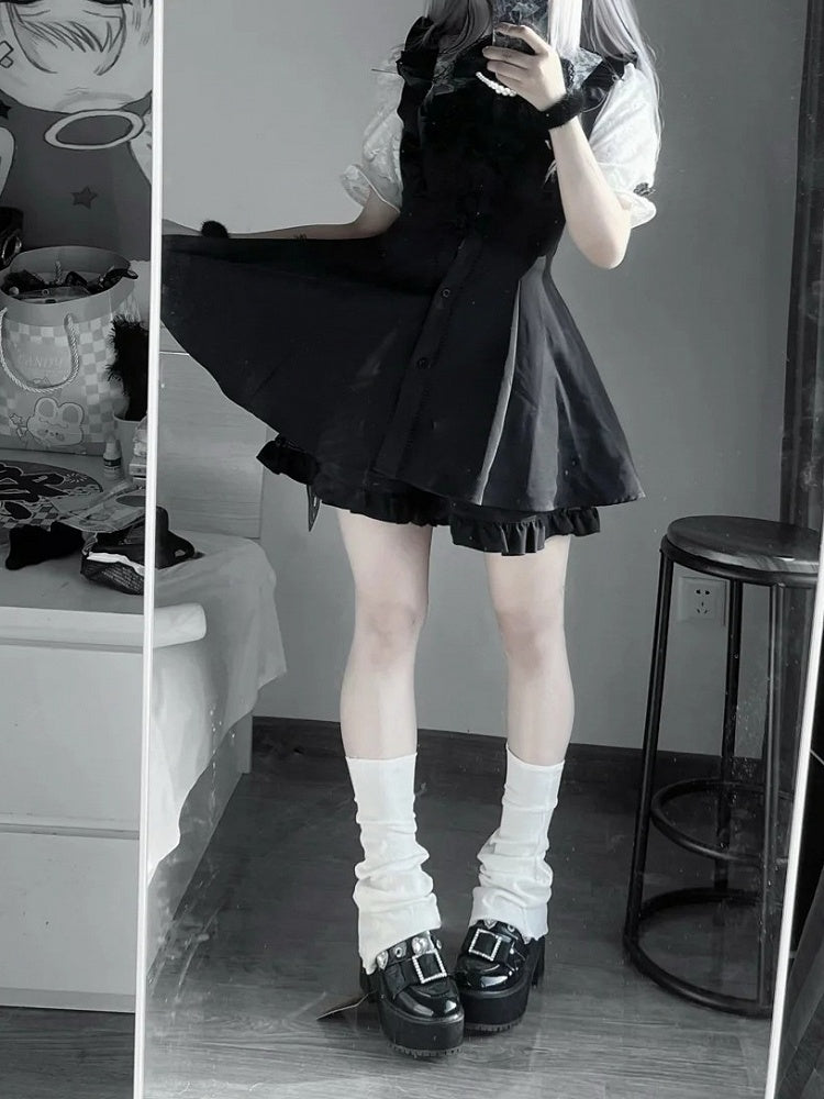 Kei Set-Cheongsam Collar Sleeves Dress+Shorts+Bow Black Y2K Jirai Short Tie+Hairclips