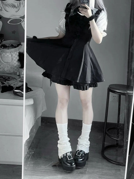 Kei Set-Cheongsam Kragenärmel Kleid+Shorts+Schleife Schwarz Y2K Jirai Kurze Krawatte+Haarspangen