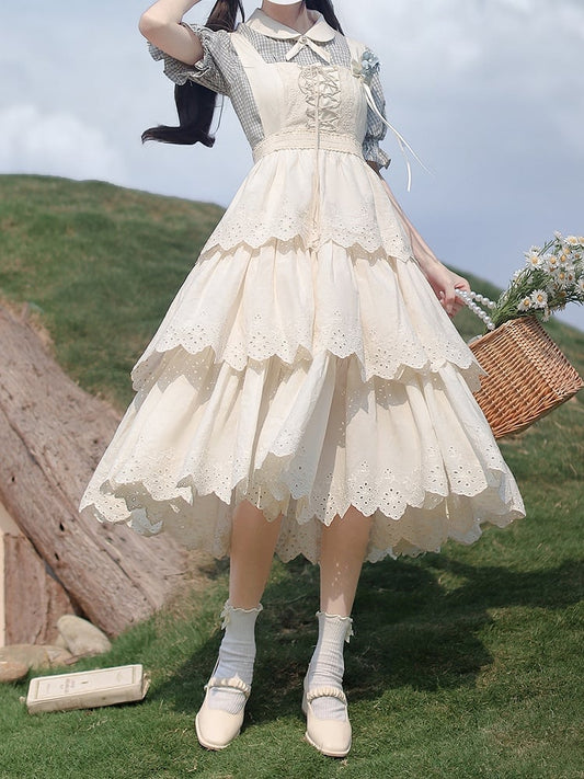Skirt Lace-up Lolita with Cottagecore Overall Front White Dress Tiered