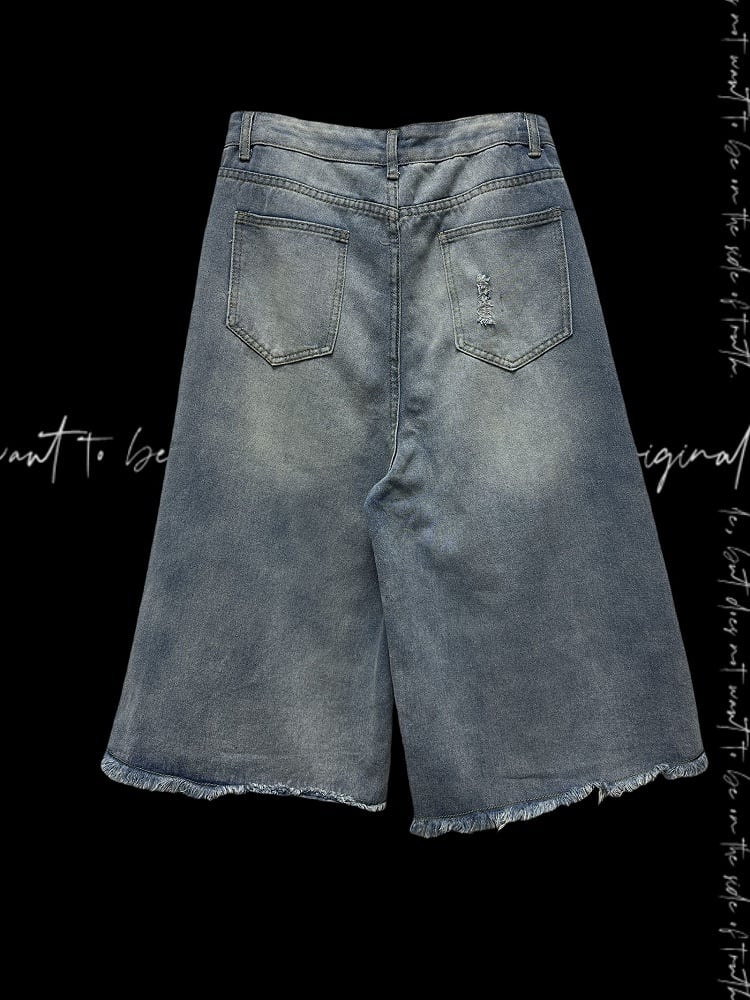 Blaue Jeans mit weitem Bein, Drachen-Applikation, ungesäumter Saum, abgenutzte Löcher, leicht
