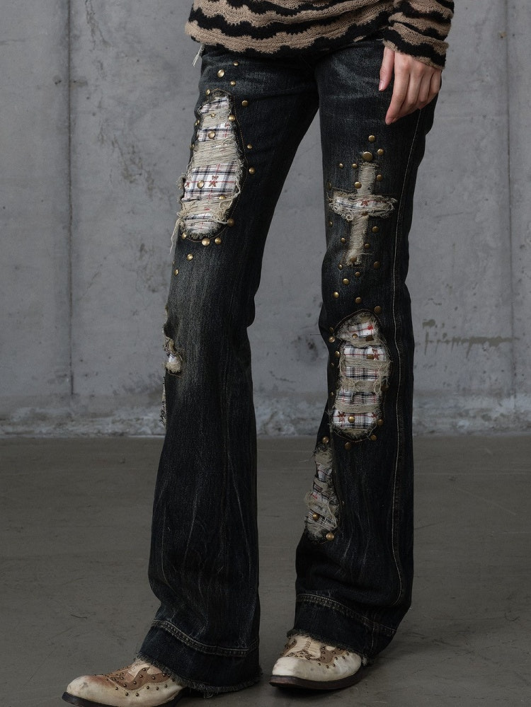 Plaid Distressed Patches Jeans Hem Punk with Frayed Black Wash Cross
