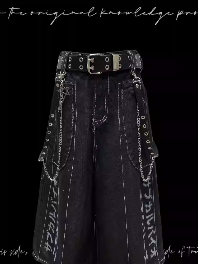 Denim Shorts Y2K Black Letter Print Wide-leg