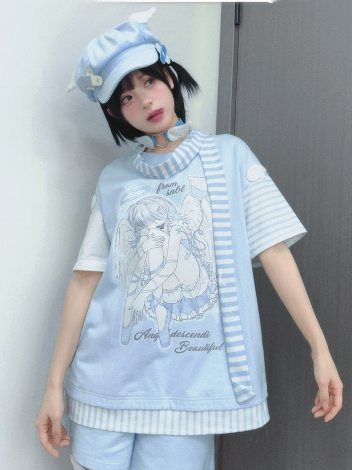 Blue Anime Girl Print Wing Appliques T-Shirt with Striped Scarf