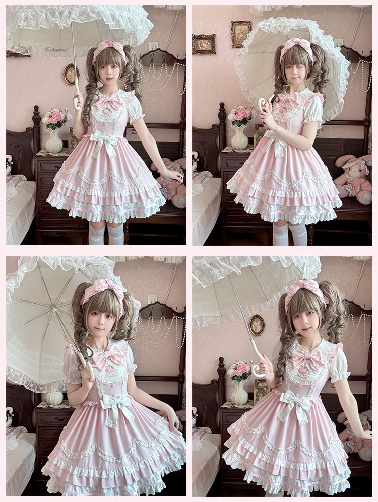 Scalloped Edge Trim Strawberry Embroidery Sweet Lolita Dress Light JSK Pink
