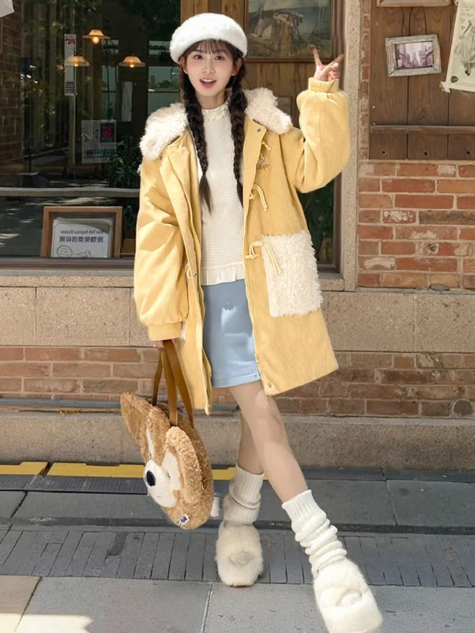 Milk Yellow Cute Lamb Hood Hooded Corduroy Duffle Coat