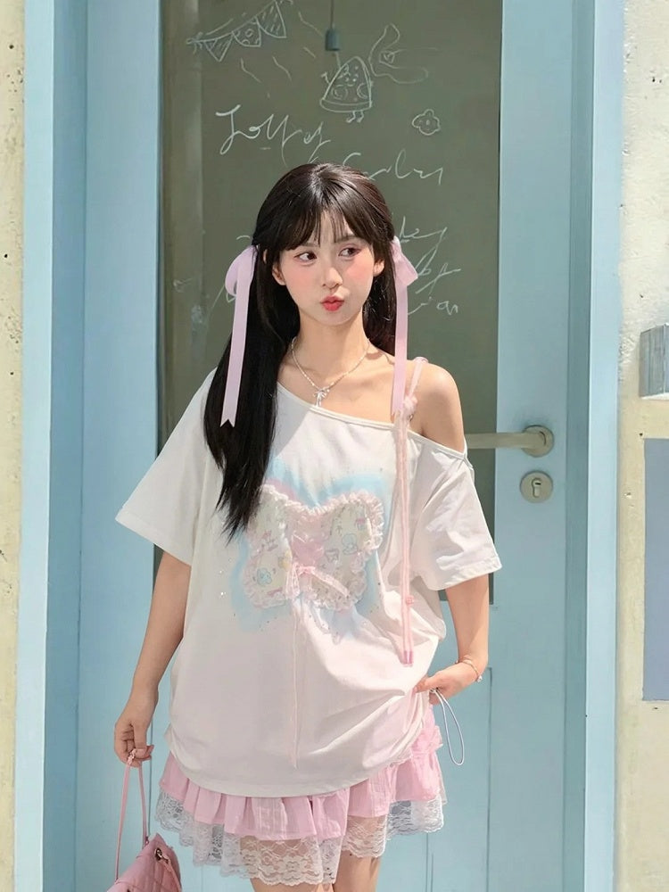 Sequins Decorated Lace-up Butterfly White Asymmetrical Neckline T-shirt Detail