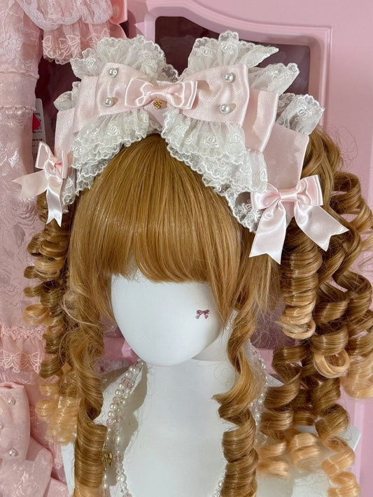 Beaded Lace Trim Decorated White/Beige/Blue Big Bow KC