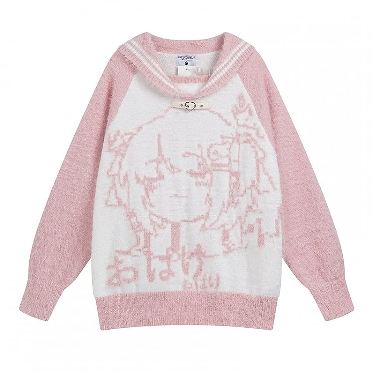 Light Blue/Pink/Black Jirai Kei Landmine GirlGraphic Sailor Collar Sweater