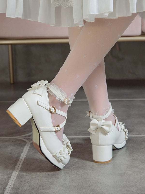 Block Heels with Charm Star Heart White Trim Buckles Lolita Ruffles Top Mid Bow
