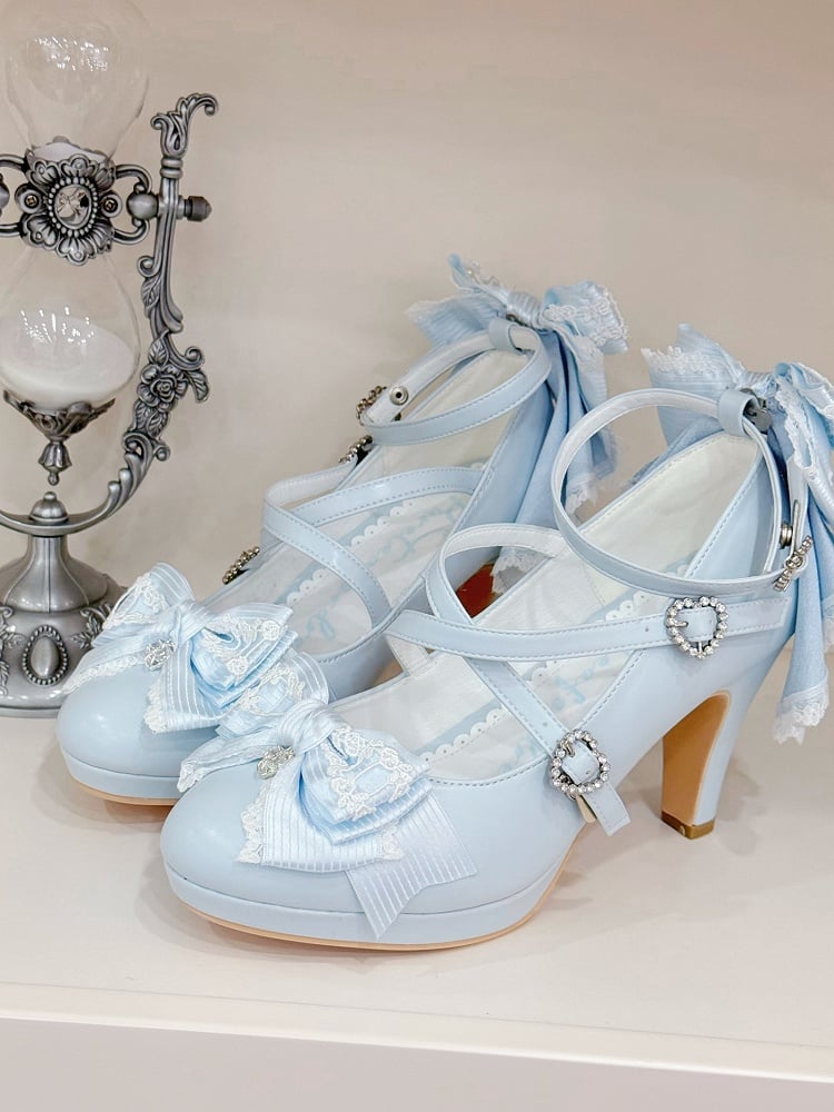High Buckle Blue Design Heels Heart Crisscross Top Light at Bow