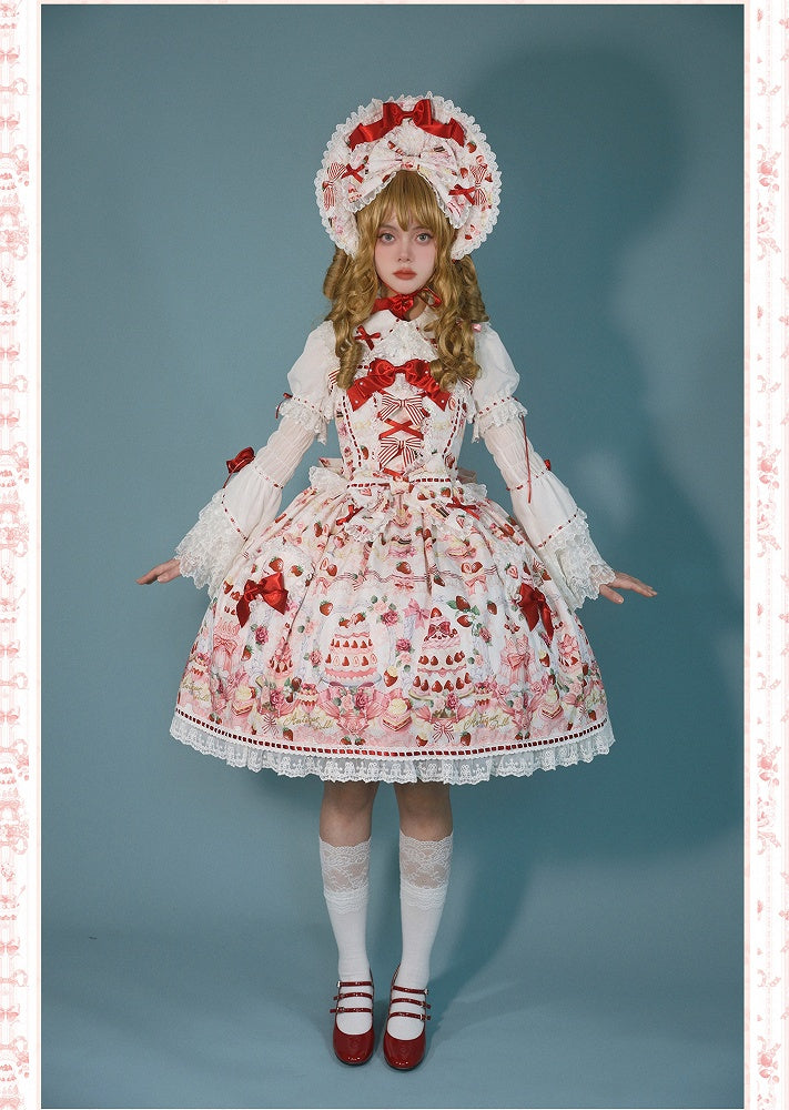 Sweet Bow JSK Full Lolita Accents Print / White Desserts and Set Strawberry