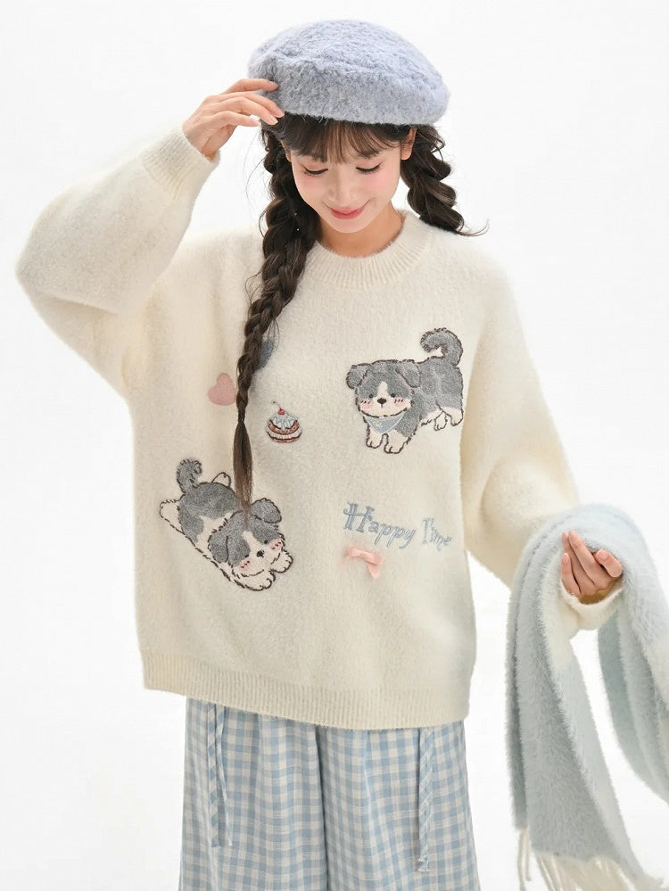 White Cute Puppies Pattern Round Neck Loose Sweater