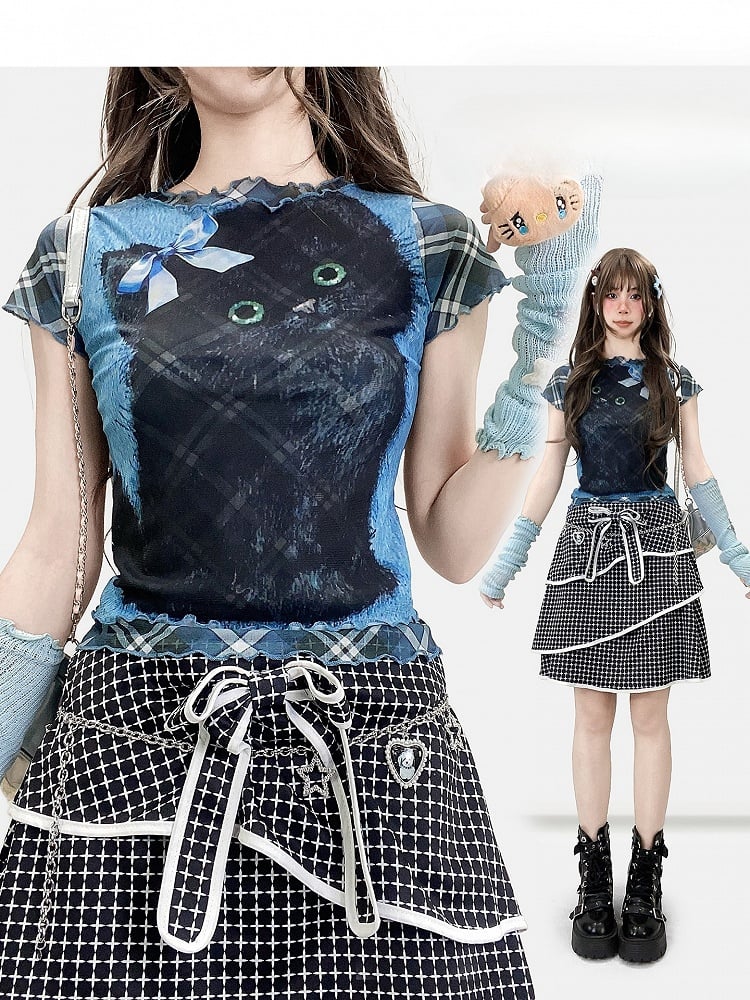 Plaid And Pattern Bittersweet Rolled Print Letter Cat Y2K Blue