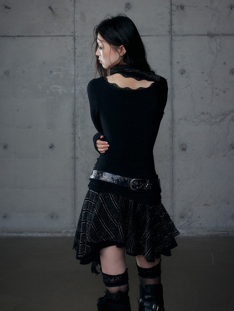 Black Ruched Rhinestone Asymmetrical Blend Cross with Dress Neck Hem