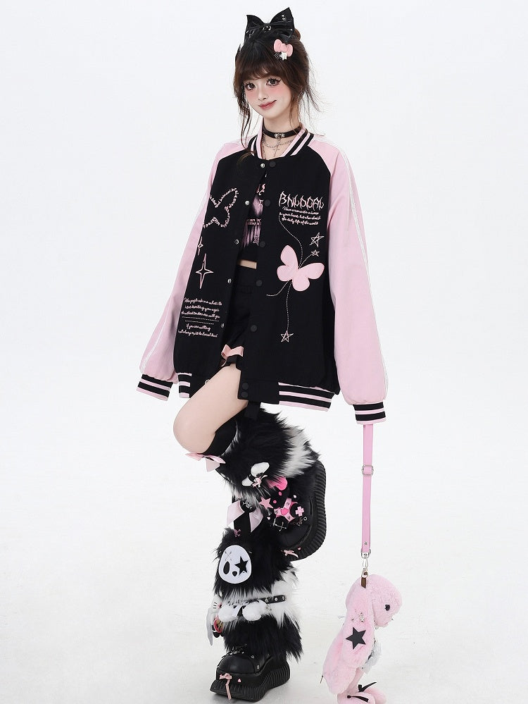 Black and Pink Colorblock Design Butterfly Baseball Jacket