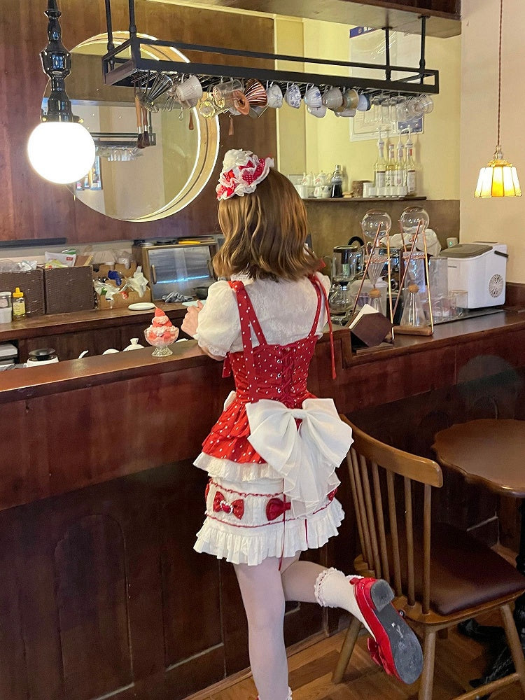 Polka Cami Sleeves Sweet Puff Bow + Accents Skirt Lolita Set Top Cropped Dots Red - Full