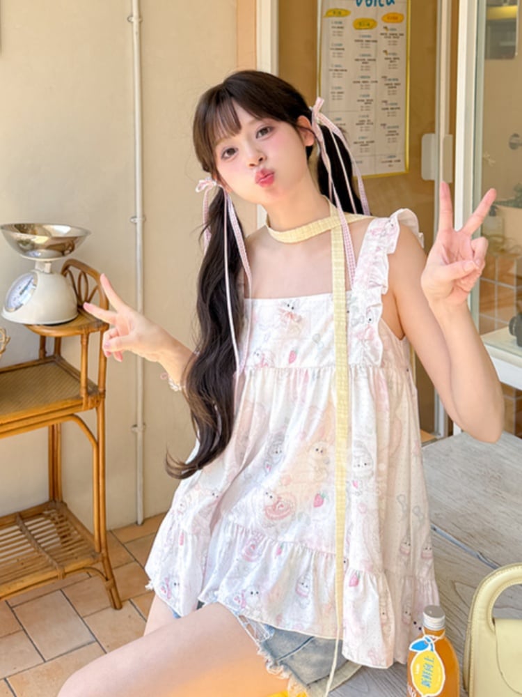 Print Sweet Pink Flutter Sleeves Allover Sleeveless Top Kitty