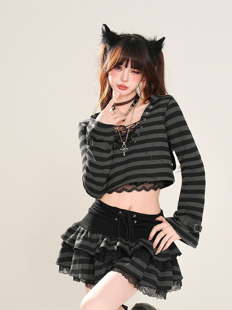 Glamorous Tiered Skirt Black Striped Lace Trim Lace-up Waist