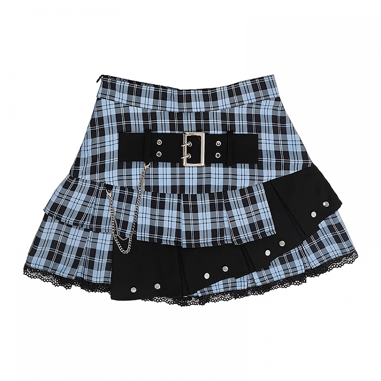 Y2K Light Blue Buckle Strap Tiered Plaid Skirt