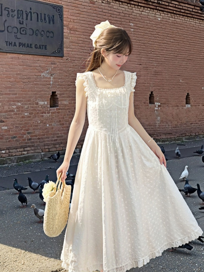 Elegant White Square Neck Flutter Sleeves Lace Sleeveless Self-tie Bow with Dress