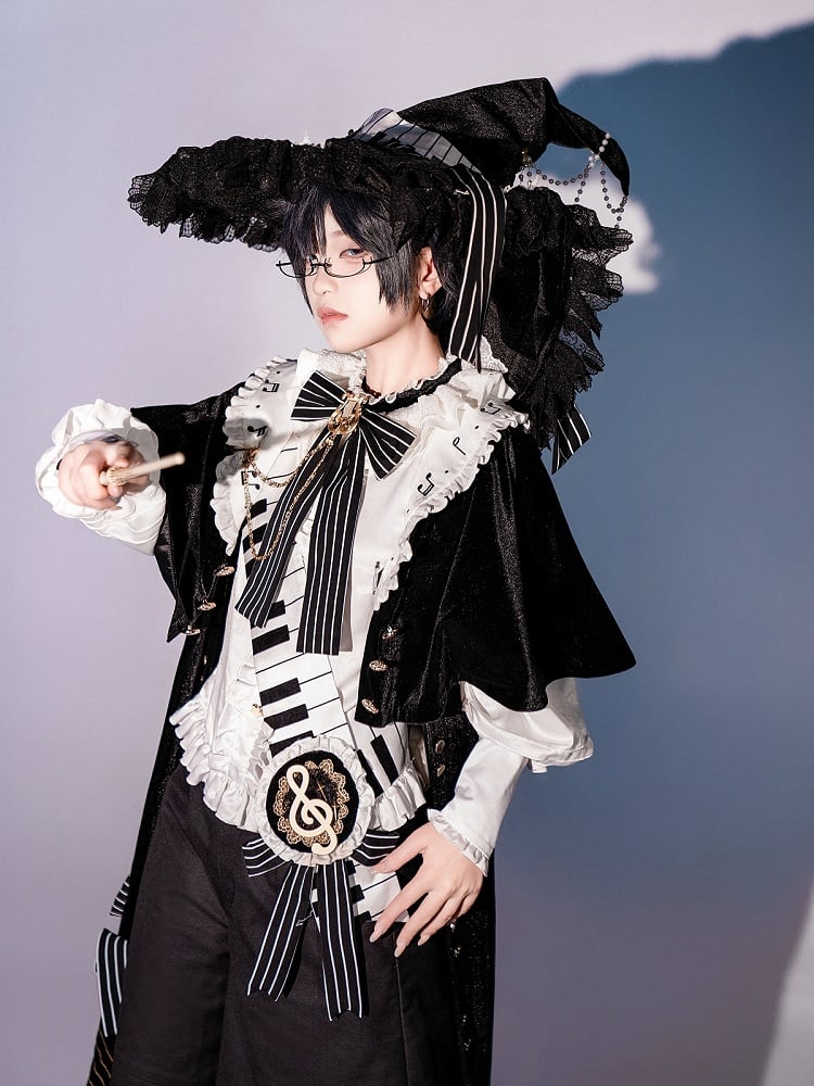 Schwarz-weißes Ouji-Lolita-Komplettset – weißes Hemd + schwarze Shorts + schwarze Robe mit Musiknoten-Aufdruck