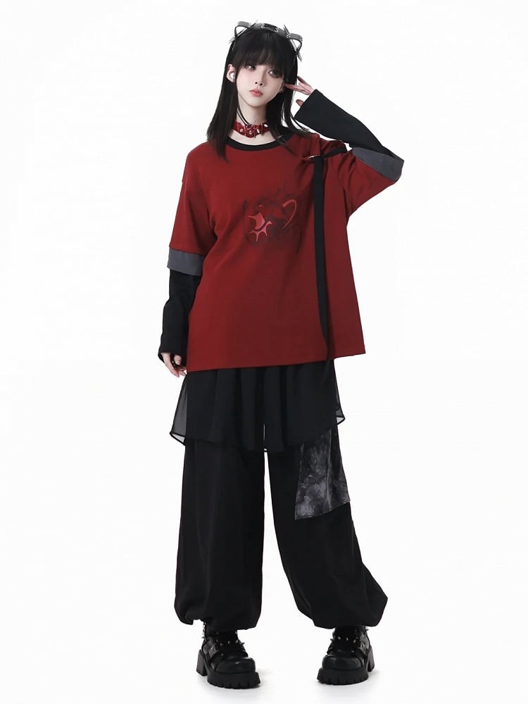 Graphic Top with Detachable Sleeves Style Black Cheongsam Red and