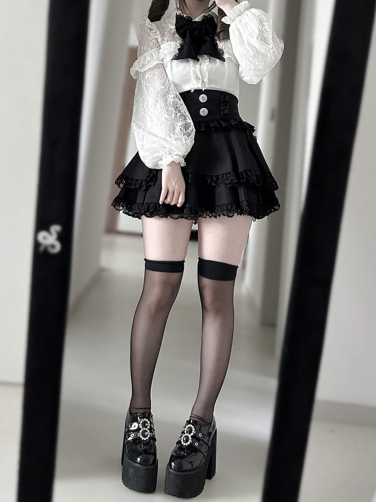 Illusion Neckline Blouse with Bead Details and Rhinestone Buttons Jirai Kei White