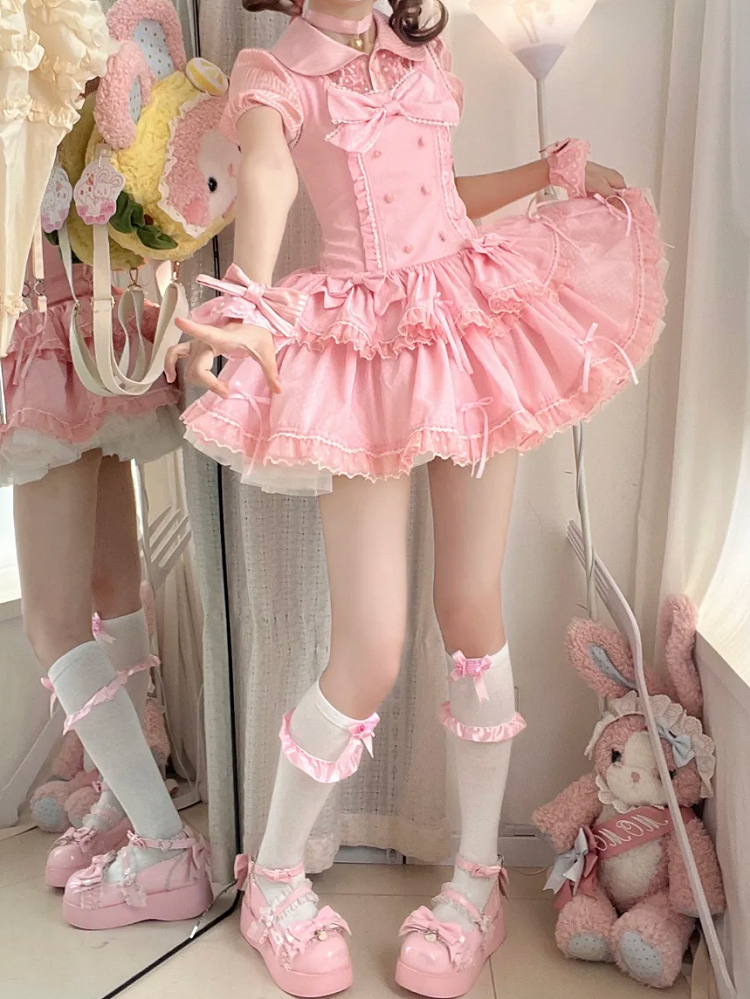 Bow Pink Accents Dots Lolita Old School Dress Shimmer Polka Sweet