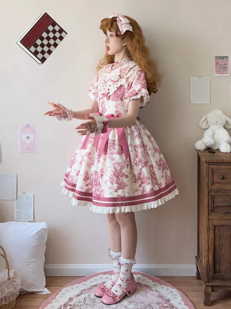 Peter Lolita Pink Dress Sleeves Short Print Grapes Collar Pan