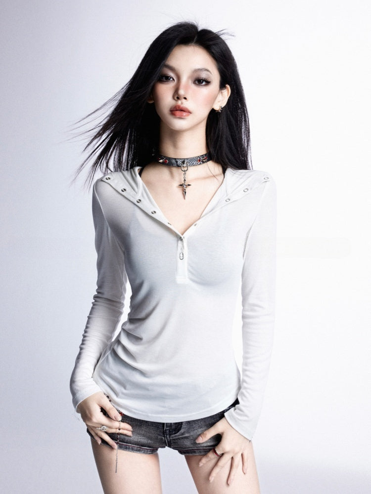 Snap Placket Neckline Sun Protection Hooded Top White Partial