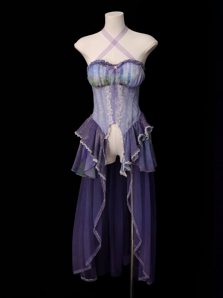 Fairy Oil Painting Purple Tiered Flounce Hem Halter Boned Corset Top Print