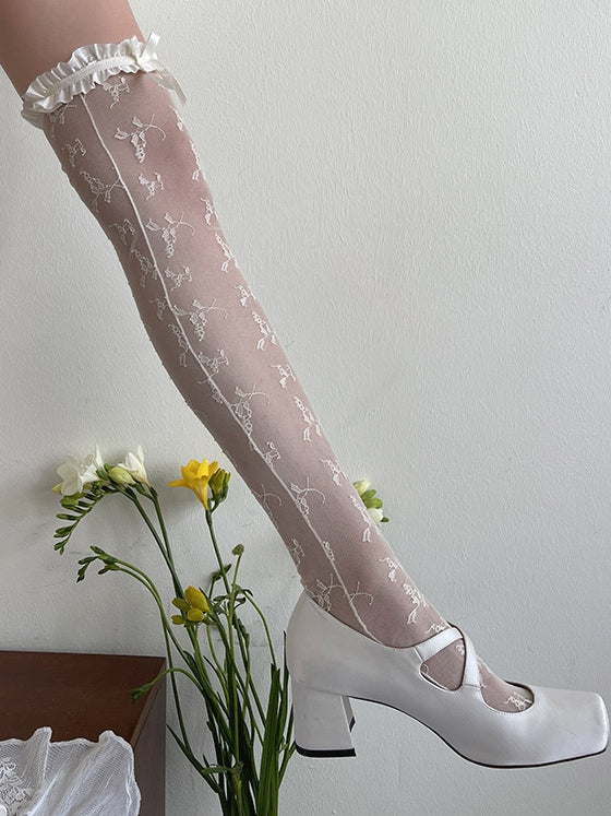 Over-Knee Rosette Lace Stockings White/Black/Beige