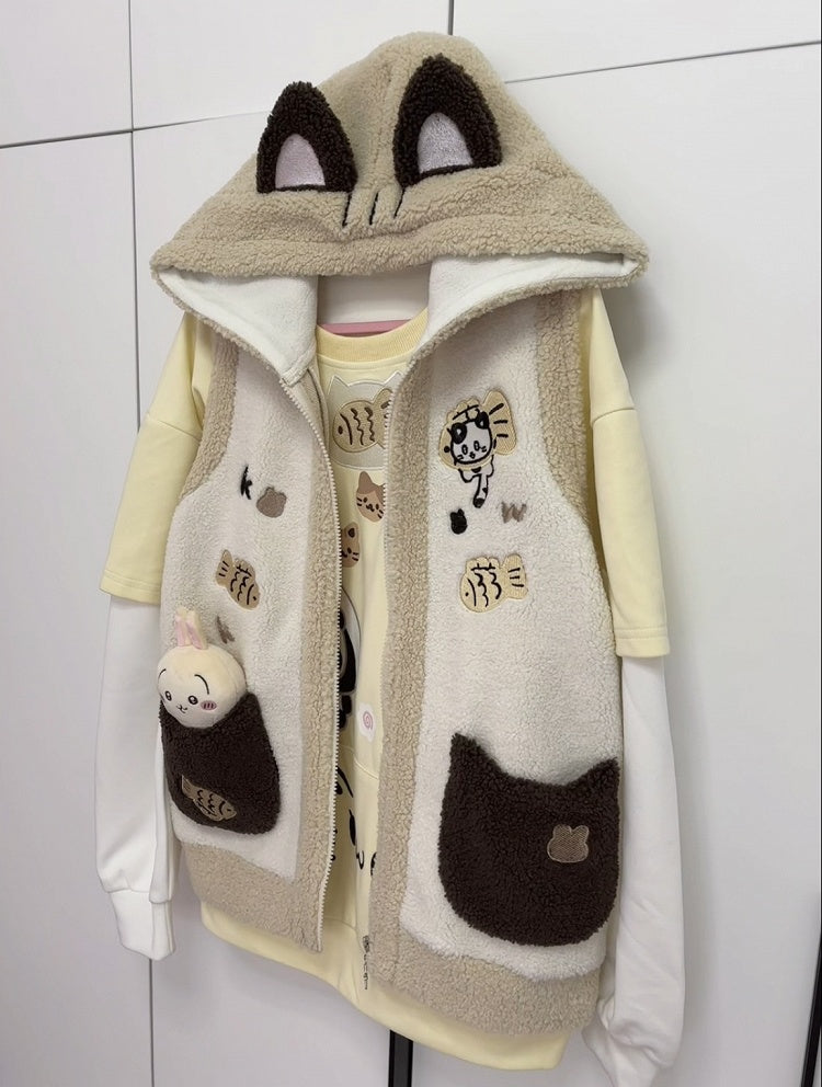Cozy Khaki Kitty Ear Hood Fleece Vest with Taiyaki and Cat Embroidery Adorable Cat Pockets