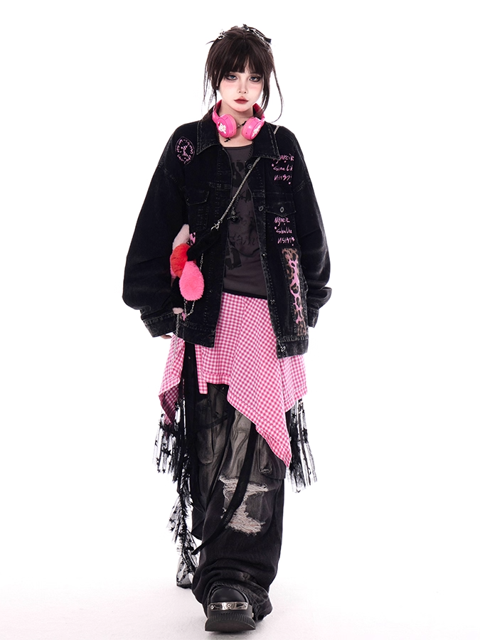Denim Jacket Faded Wash Vintage Collar Pink Leopard Pattern Black Shirt
