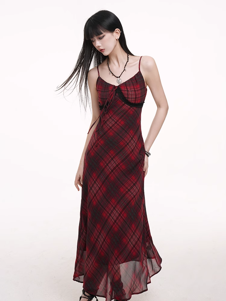 Self-tie Strap Neckline Cami Dress Red Black Plaid V-neck