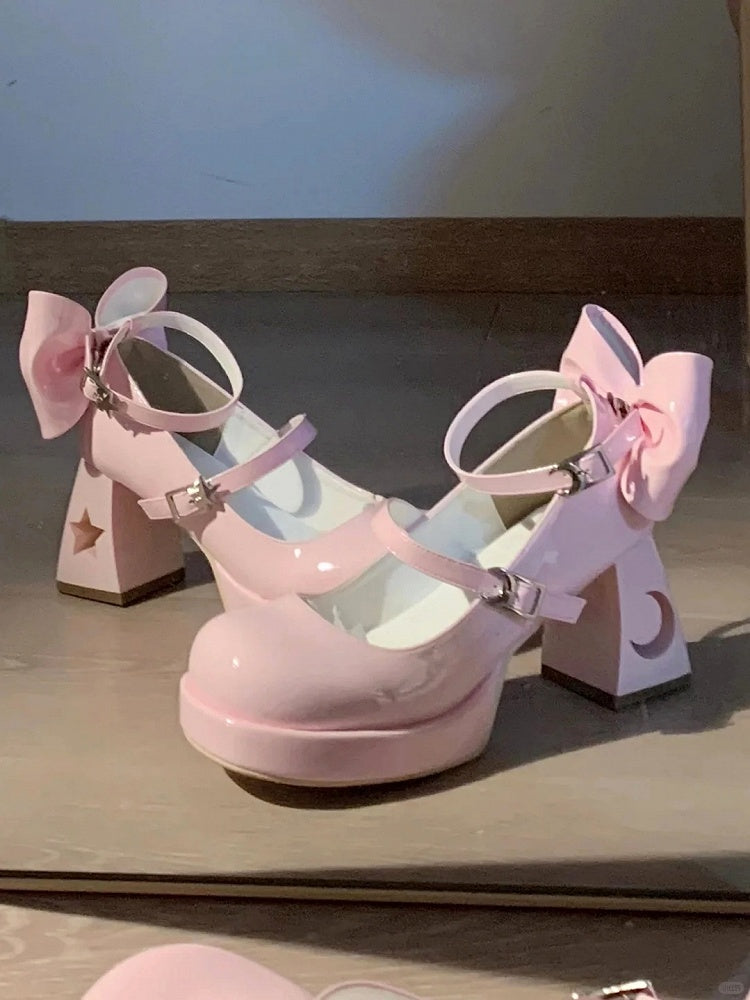 Back Heel Design Cutout in Pink Style - Janes Y2K Bow Moon Star Leather Mary Platform PU