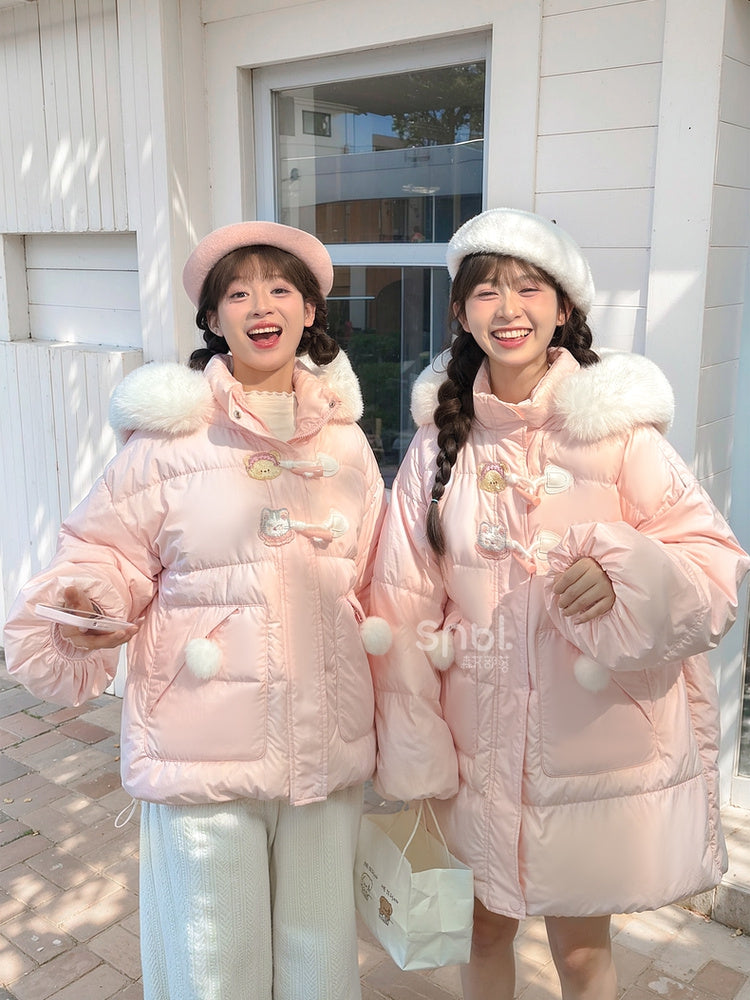 Pink Cute Bear and Kitty Plush Trim Hooded Down Coat