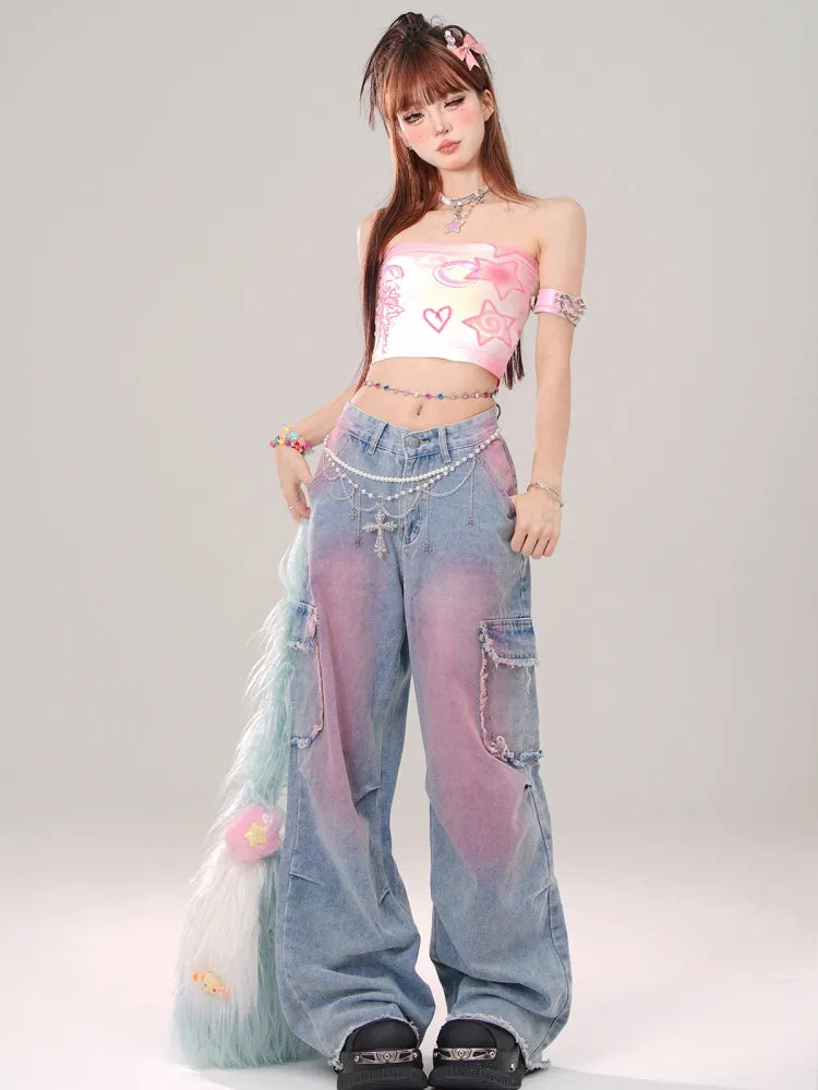 Jeans Hem Pockets Cargo Blue Raw