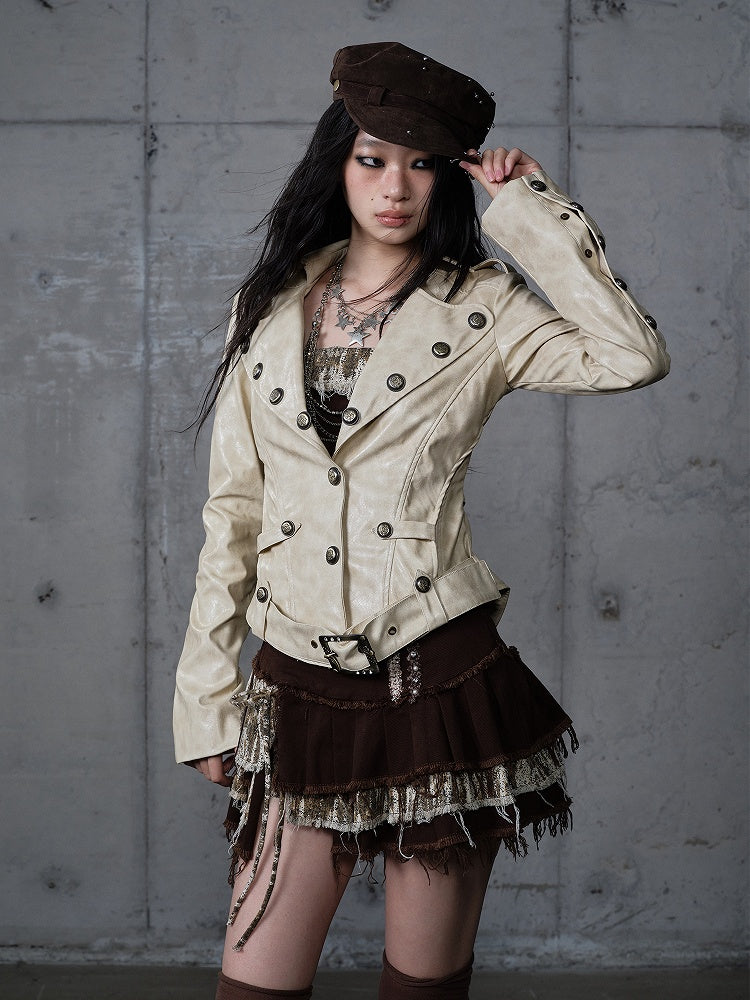 Yellow Belt Rose Jacket with Punk Buckle Embroidery Cropped Tailored Khaki