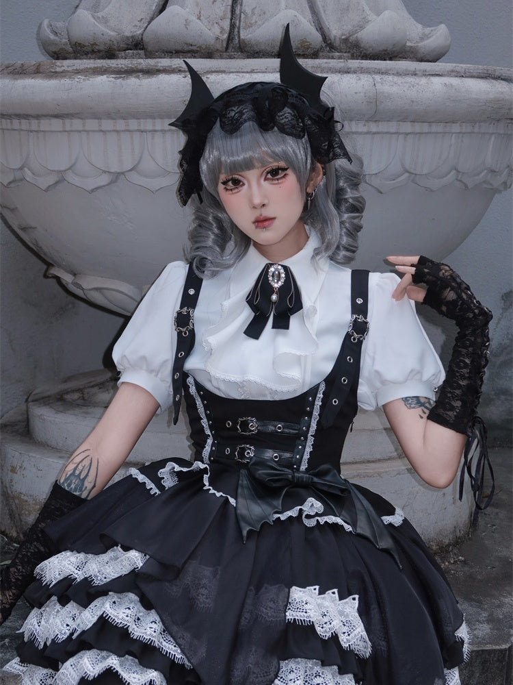 White Jabot Collar Puff Sleeves Bow Lolita Gothic Embellished Blouse