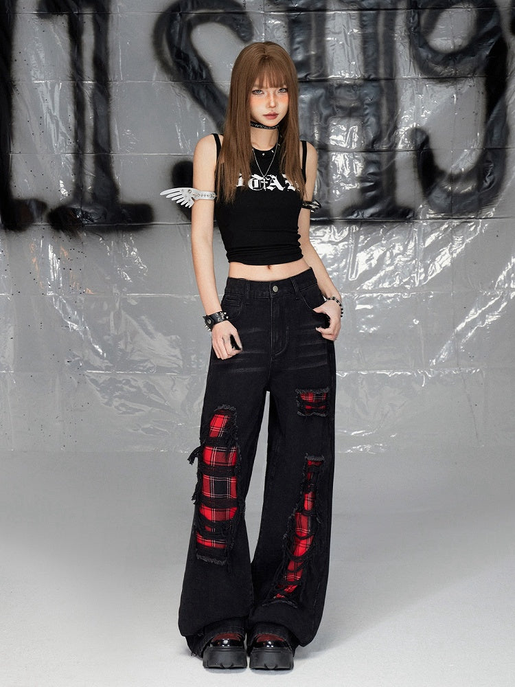 Black Distressed Holes Plaid Pattern Straight-leg Cut Jeans