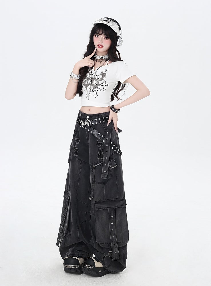 Black Rise Distressed Holes Low Jeans Wide-leg Cargo