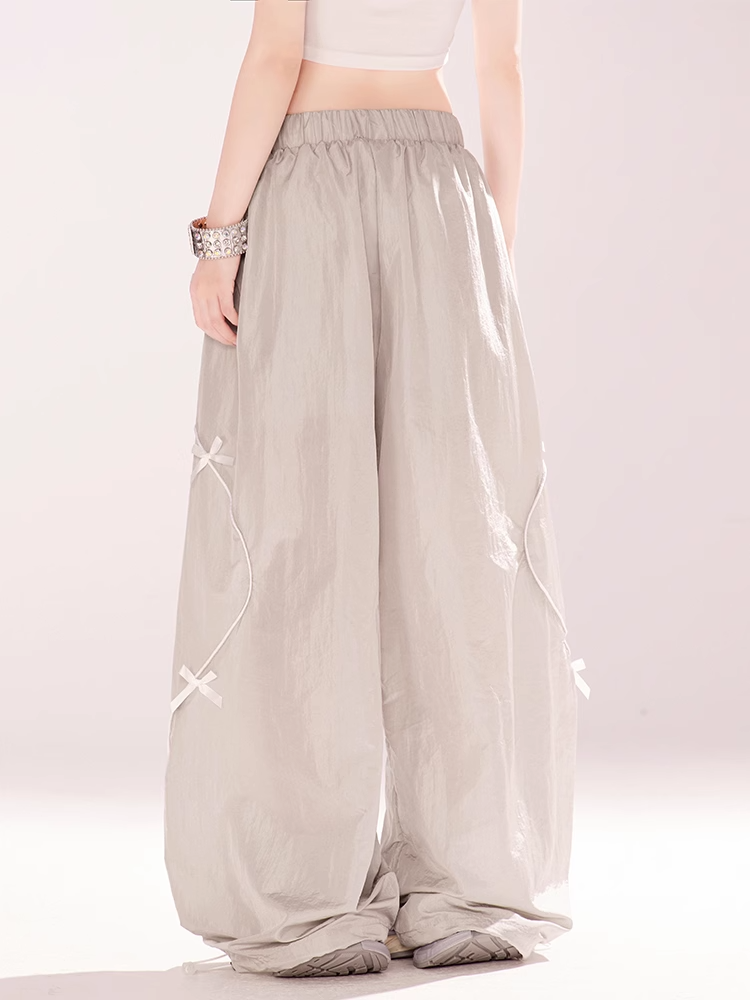 Gray Drawstring Waist and Cuffs Bowknot Wide-leg Casual Pants Details