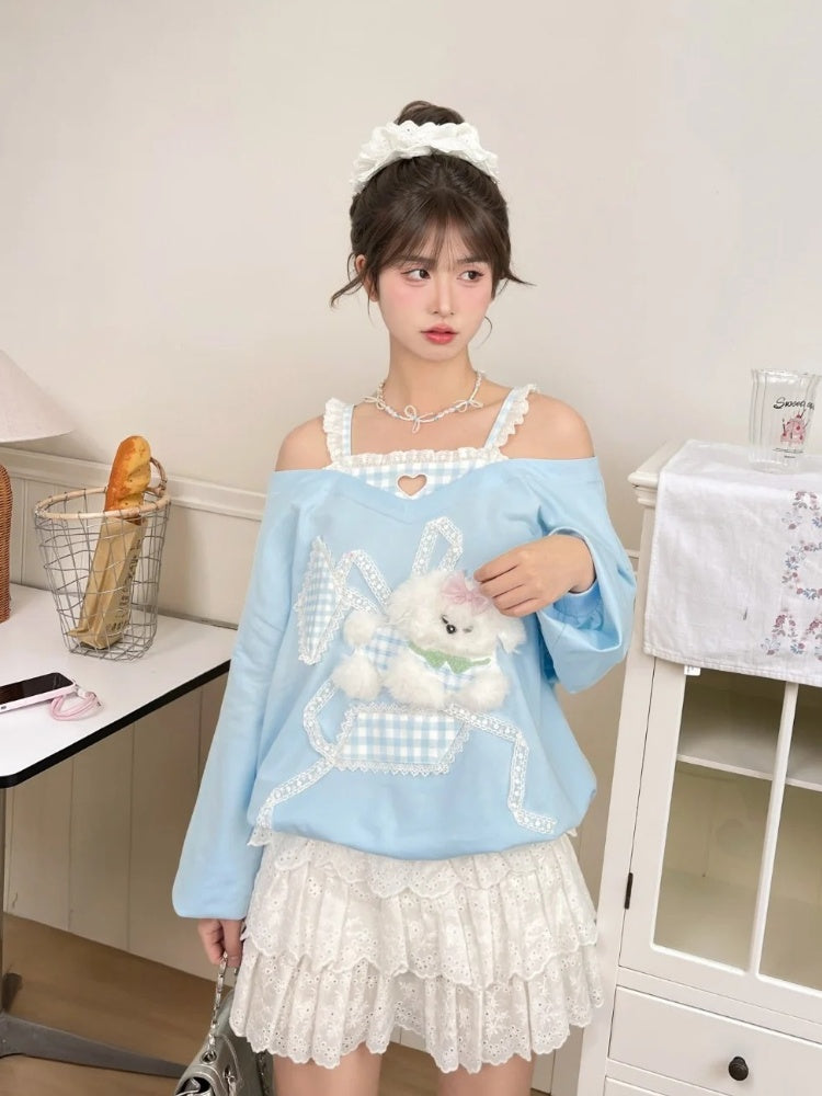 Cutout Shoulder Top Faux Plush Puppy Lace Embellished Blue Plaid Two-pieces